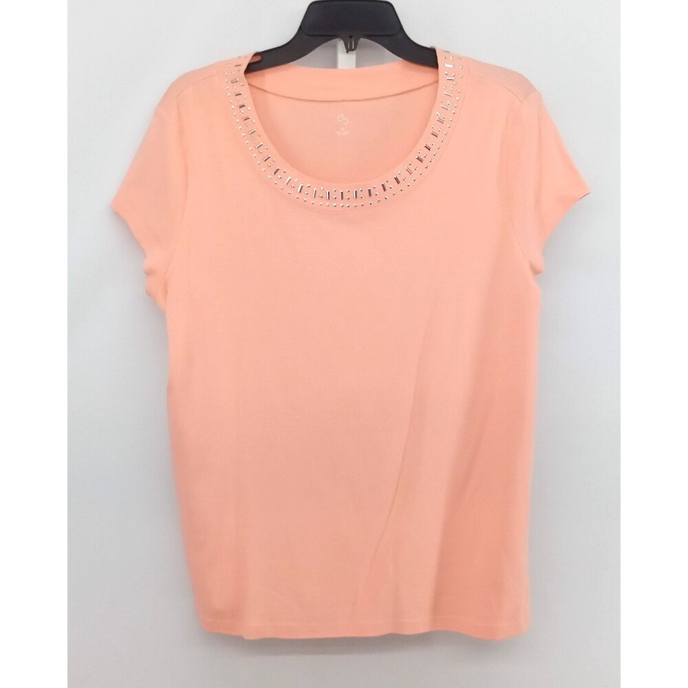 CB Shirt Women Size XL Light Orange Short Sleeve Beaded Round Neck Casual Top